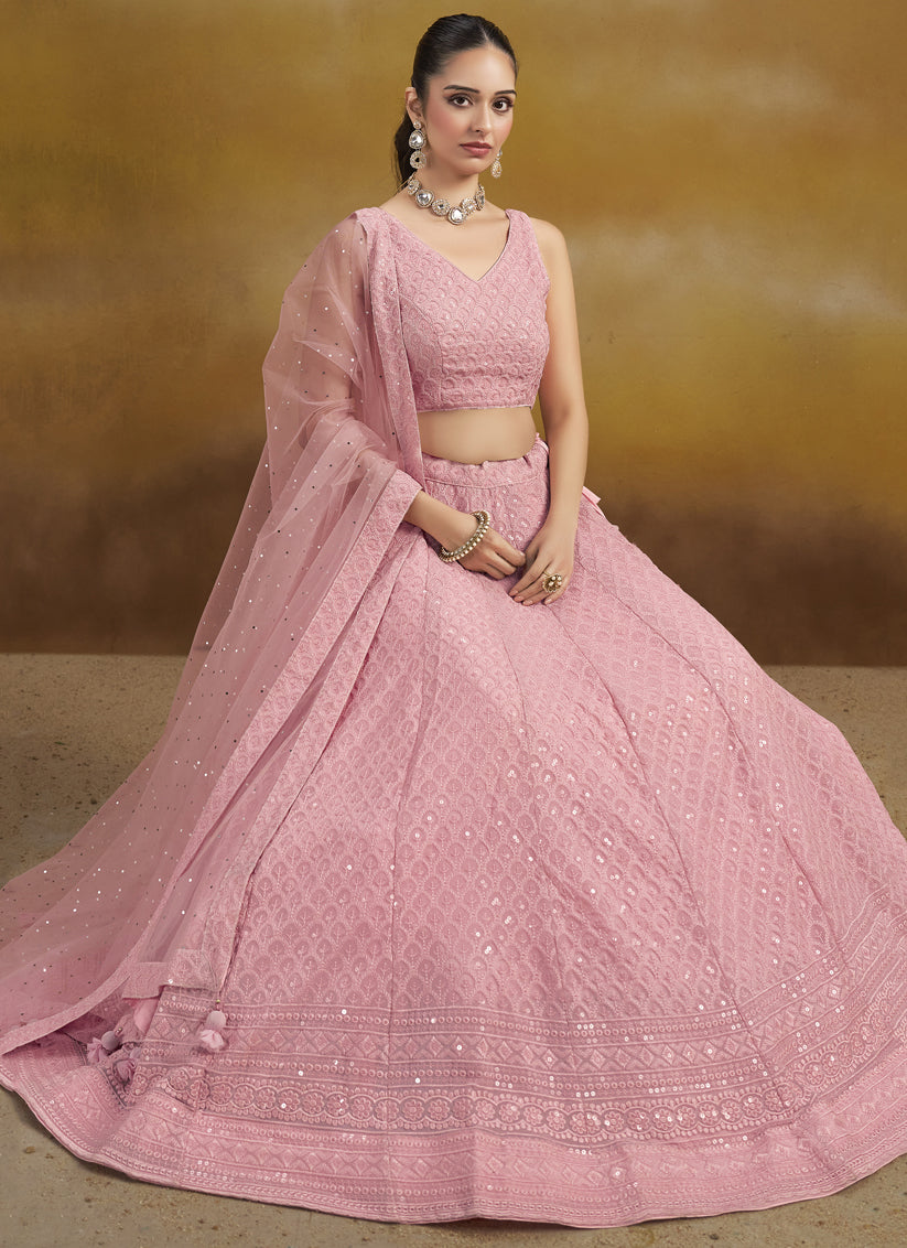 Carnation Pink Georgette Embroidered Lehenga Choli for Wedding