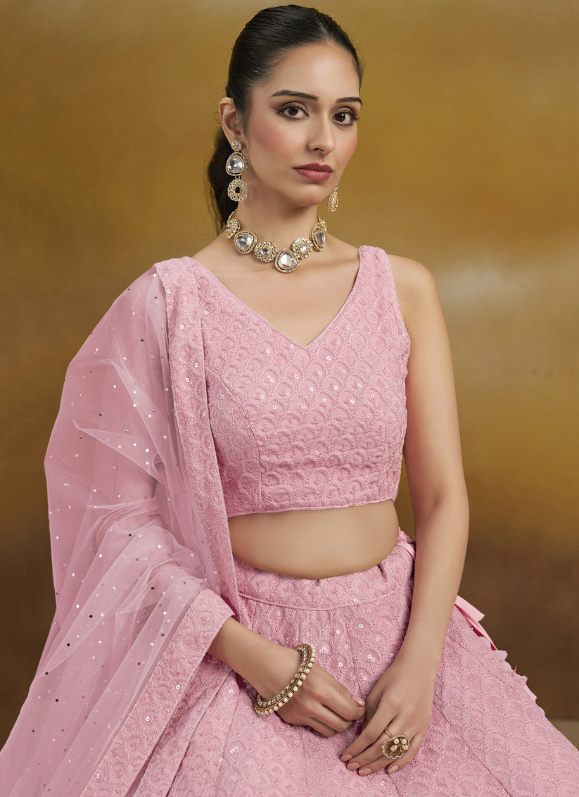 Carnation Pink Georgette Embroidered Lehenga Choli for Wedding