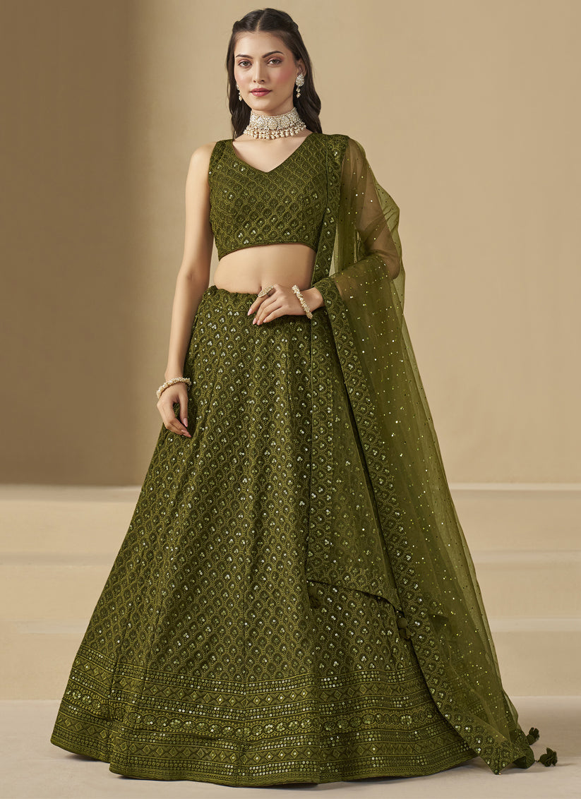 Mehendi Green Sequins Georgette Embroidered Lehenga Choli