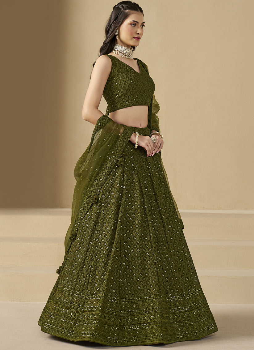 Mehendi Green Sequins Georgette Embroidered Lehenga Choli