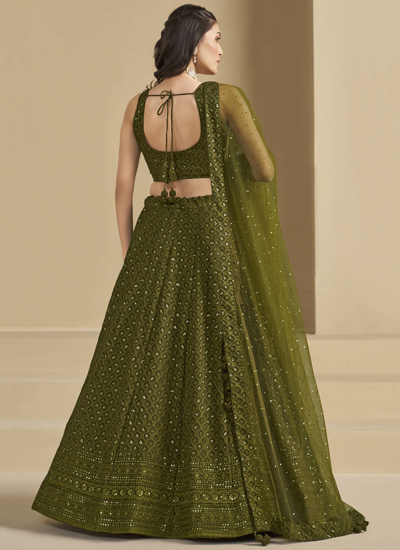 Mehendi Green Sequins Georgette Embroidered Lehenga Choli