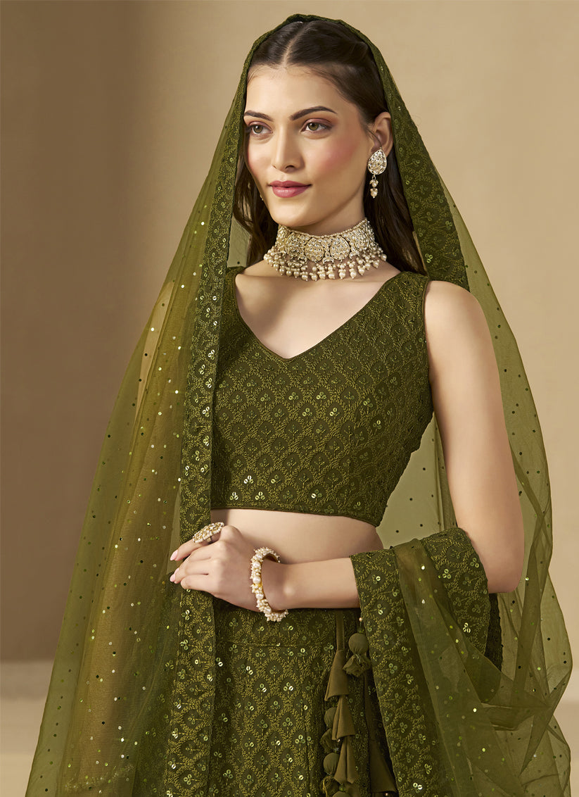 Mehendi Green Sequins Georgette Embroidered Lehenga Choli