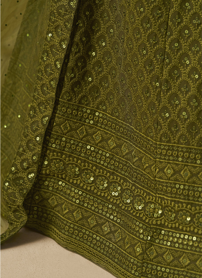 Mehendi Green Sequins Georgette Embroidered Lehenga Choli
