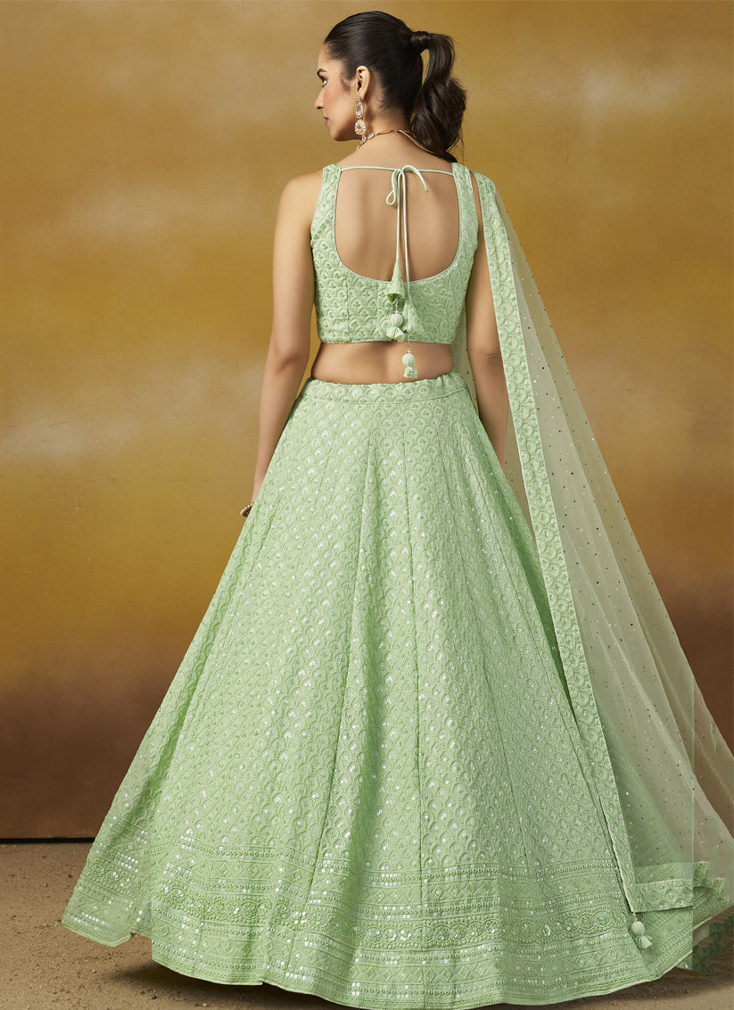 Mint Green Georgette Embroidered Lehenga Choli for Wedding