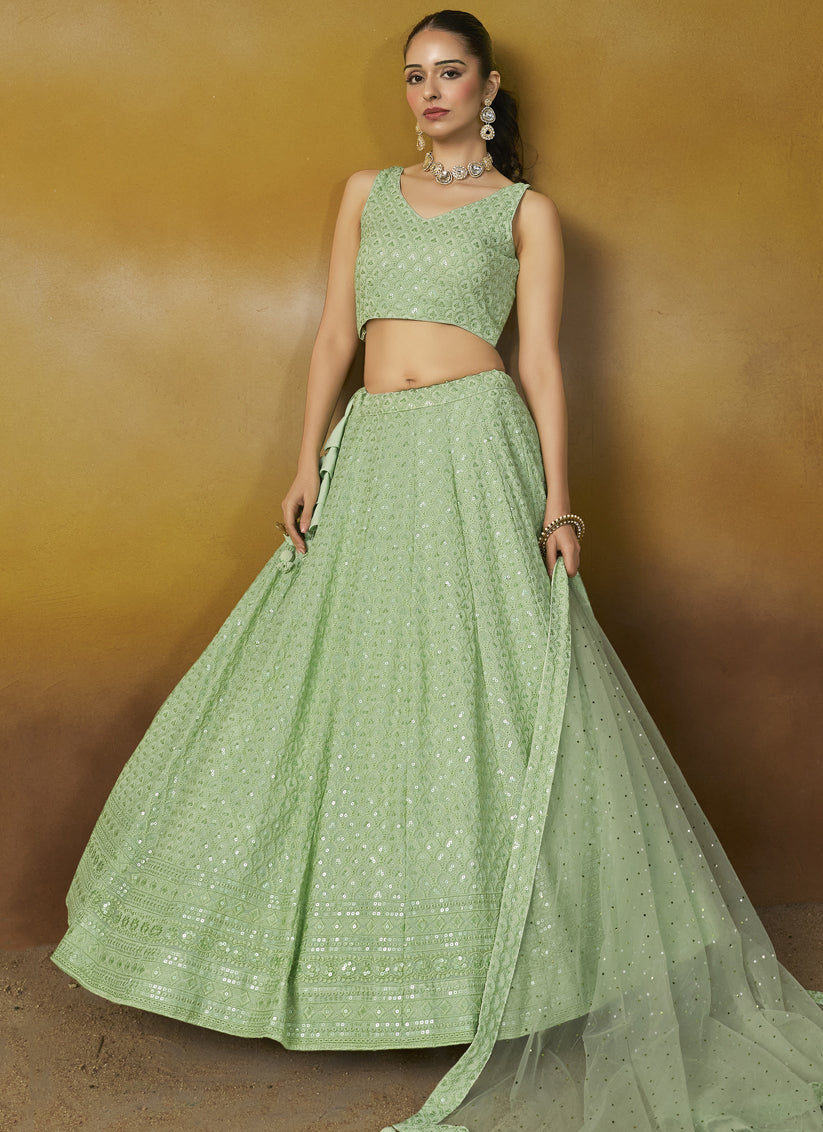 Mint Green Georgette Embroidered Lehenga Choli for Wedding