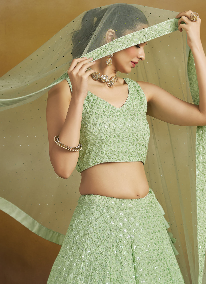 Mint Green Georgette Embroidered Lehenga Choli for Wedding