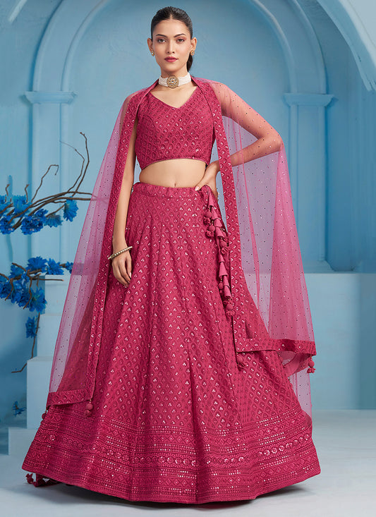 Rani Pink Embroidered Georgette Lehenga Choli for Wedding