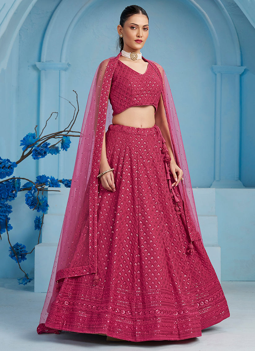Rani Pink Embroidered Georgette Lehenga Choli for Wedding