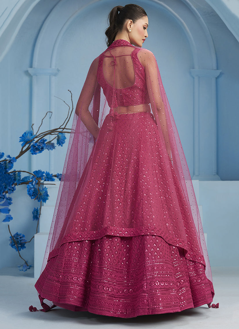 Rani Pink Embroidered Georgette Lehenga Choli for Wedding