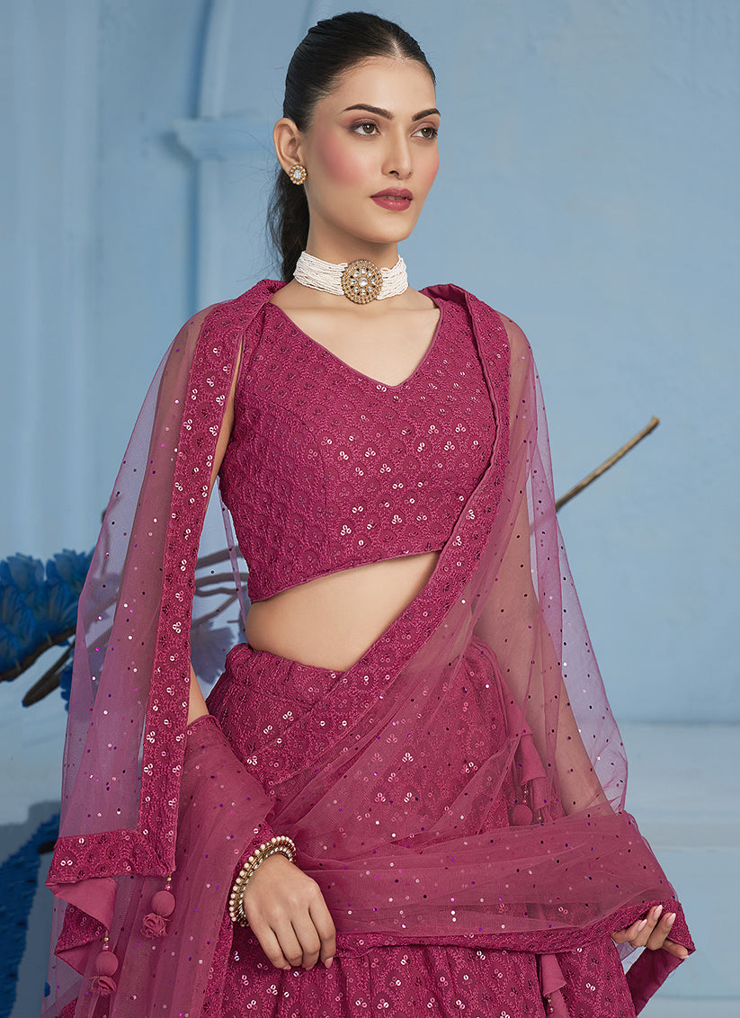 Rani Pink Embroidered Georgette Lehenga Choli for Wedding