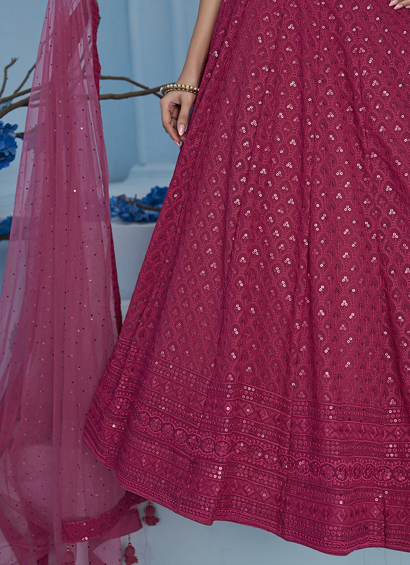Rani Pink Embroidered Georgette Lehenga Choli for Wedding