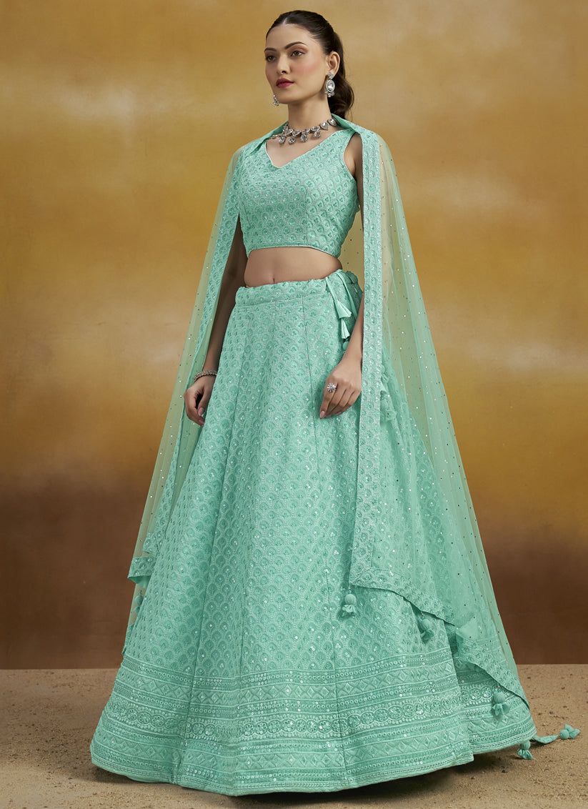 Aqua Blue Georgette Embroidered Lehenga Choli for Wedding
