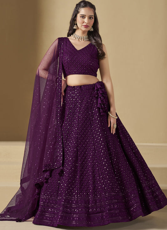 Wine Sequins Georgette  Embroidered Lehenga Choli