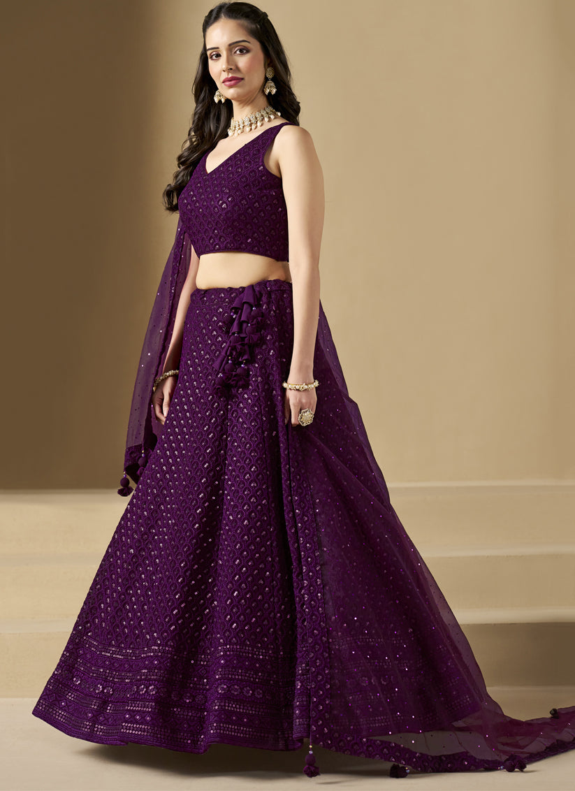 Wine Sequins Georgette Embroidered Lehenga Choli
