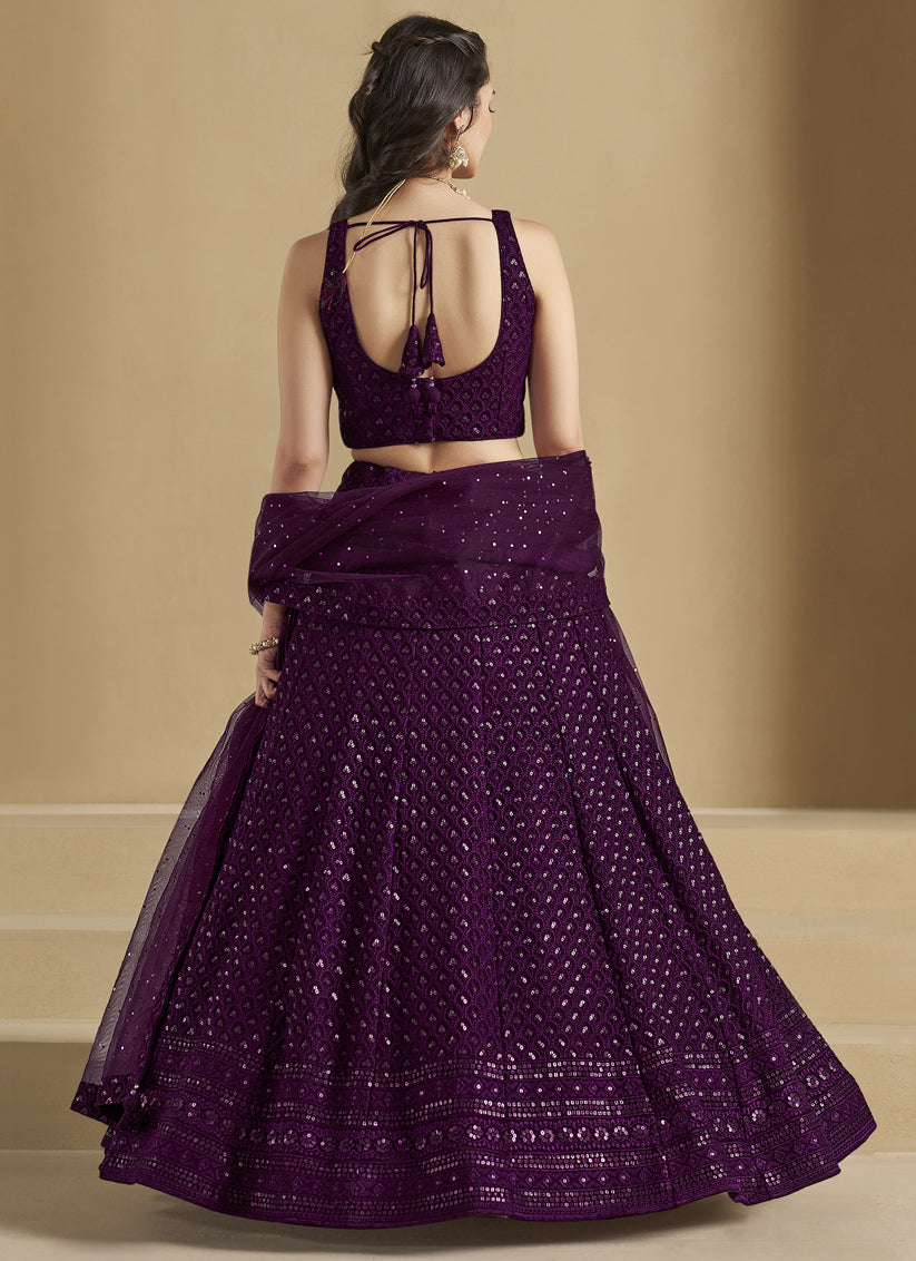 Wine Sequins Georgette Embroidered Lehenga Choli