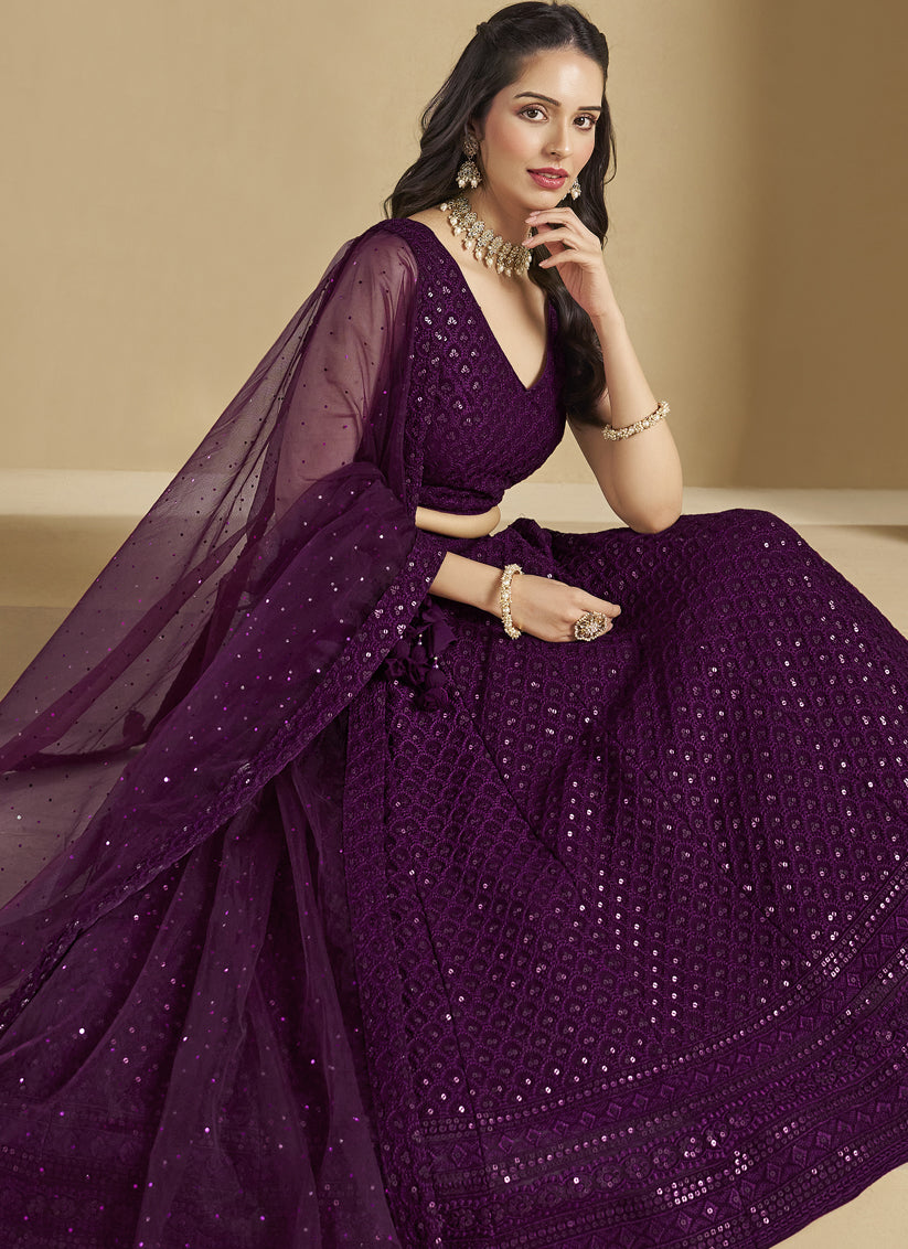 Wine Sequins Georgette Embroidered Lehenga Choli