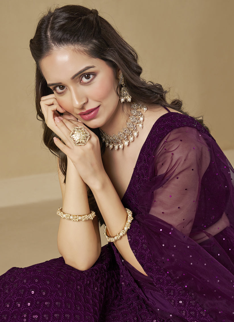 Wine Sequins Georgette Embroidered Lehenga Choli