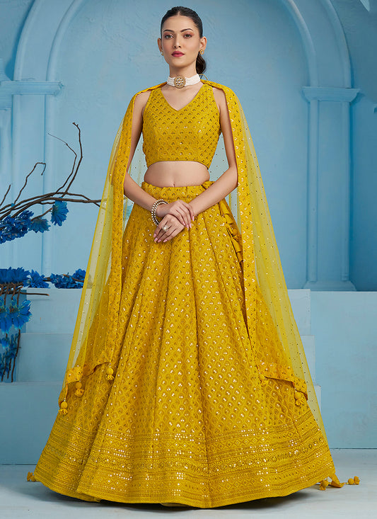 Mustard Yellow Embroidered Georgette Lehenga Choli for Wedding