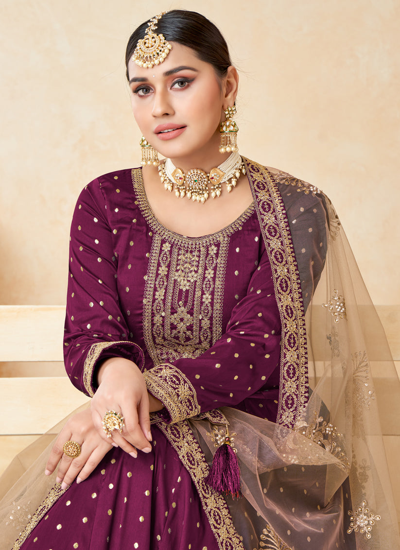 Wine Silk Embroidered Anarkali Suit