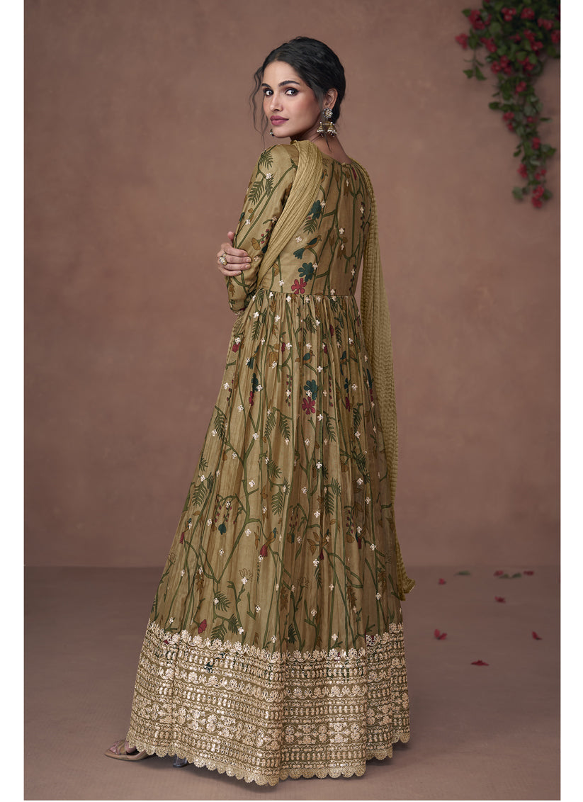 Mehendi Green Organza Silk Embroidered Readymade Anarkali Suit