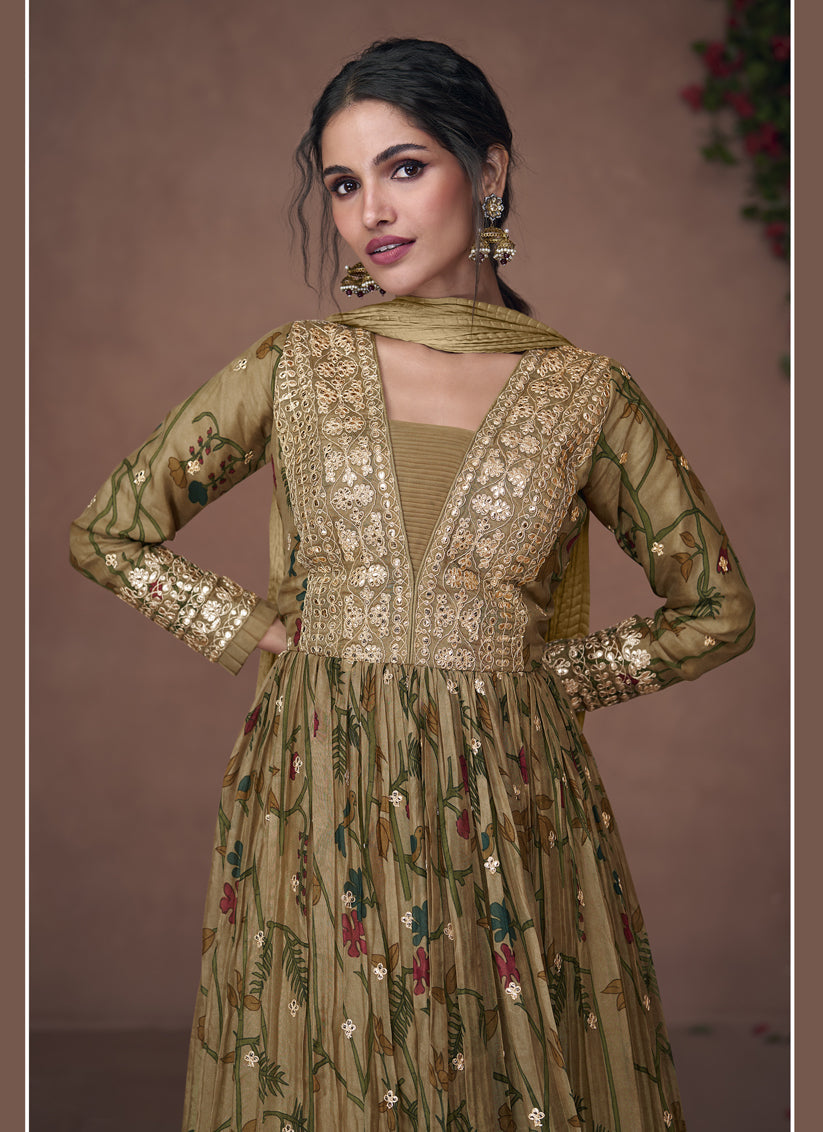 Mehendi Green Organza Silk Embroidered Readymade Anarkali Suit