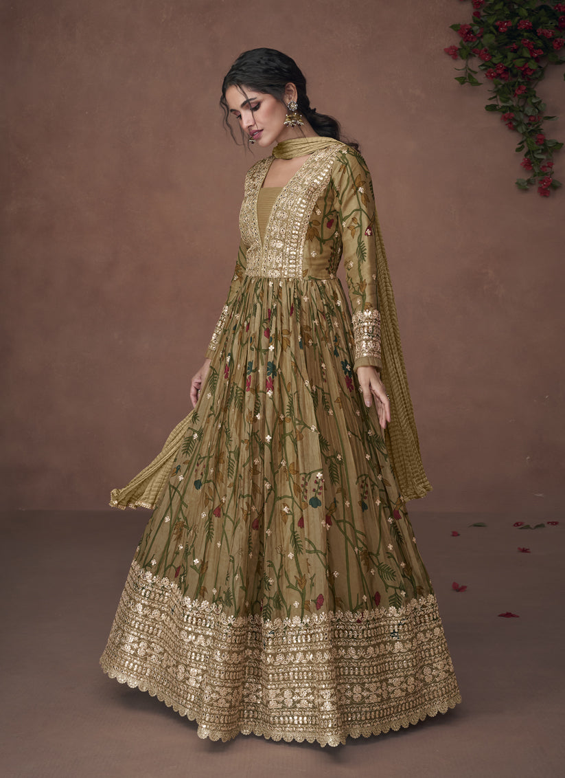 Mehendi Green Organza Silk Embroidered Readymade Anarkali Suit