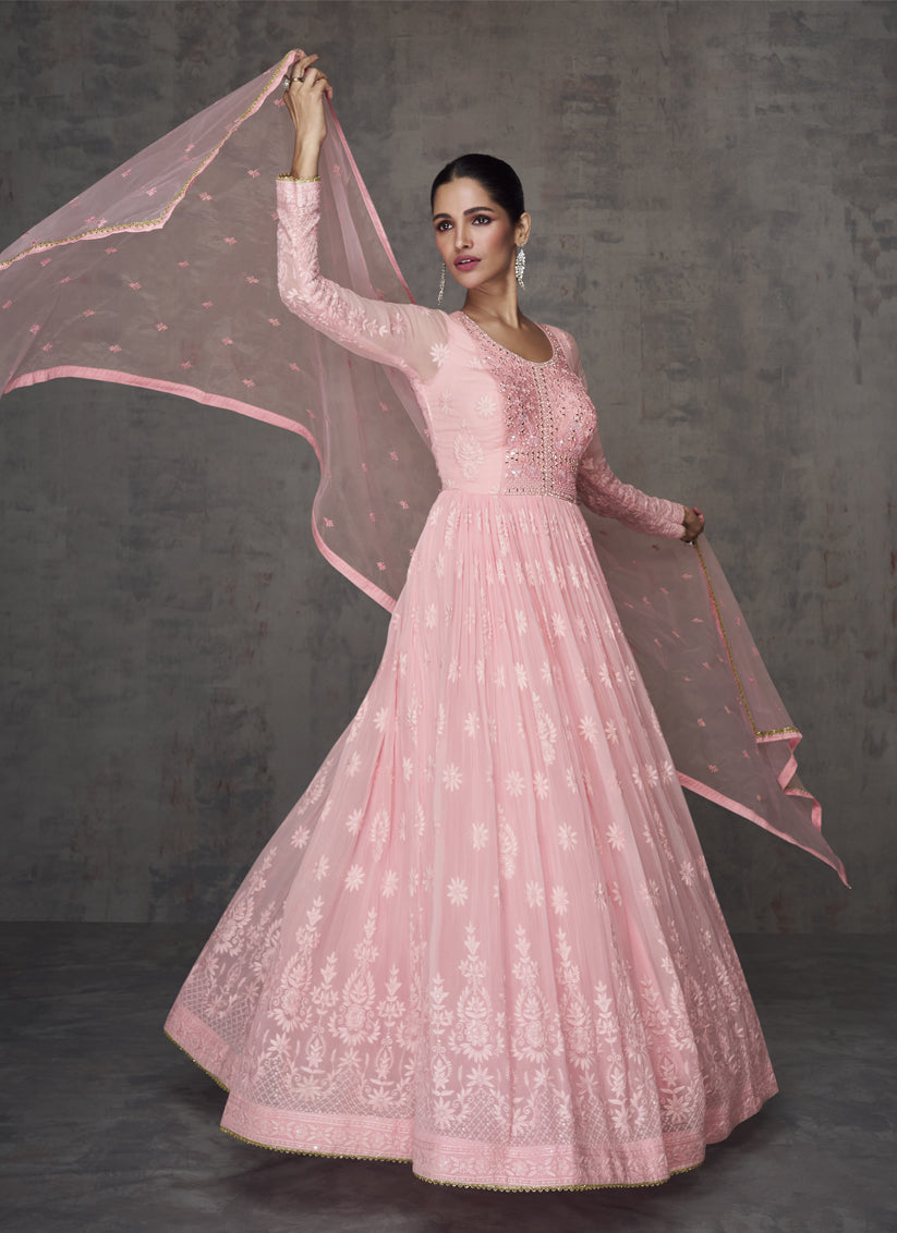 Salmon Pink Real Georgette Anarkali Suit with Dupatta TDO Australia