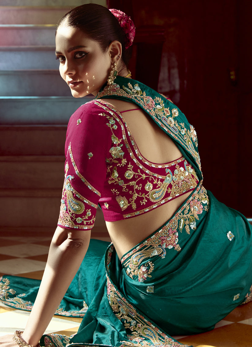 Peacock Green Embroidered Designer Wedding Saree