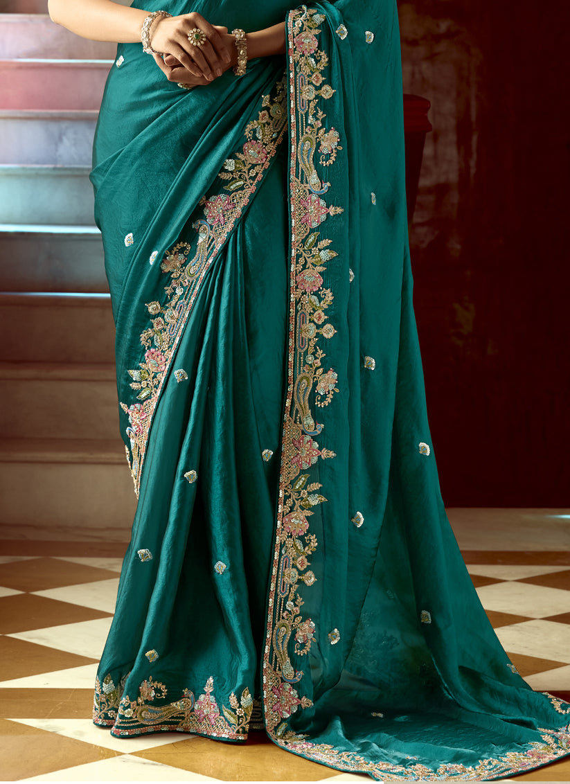 Peacock Green Embroidered Designer Wedding Saree