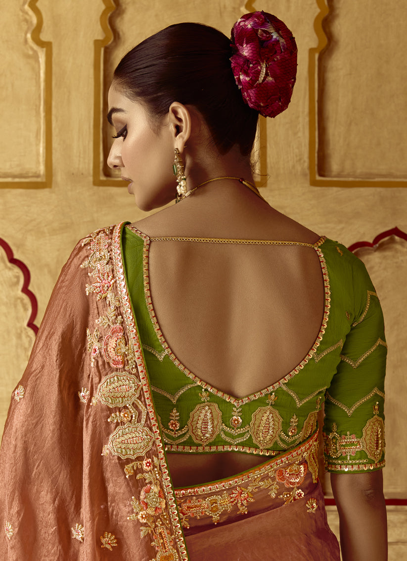 Salmon Orange Embroidered Designer Wedding Saree