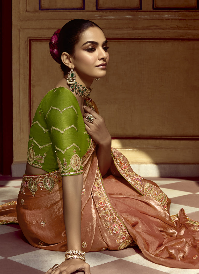 Salmon Orange Embroidered Designer Wedding Saree