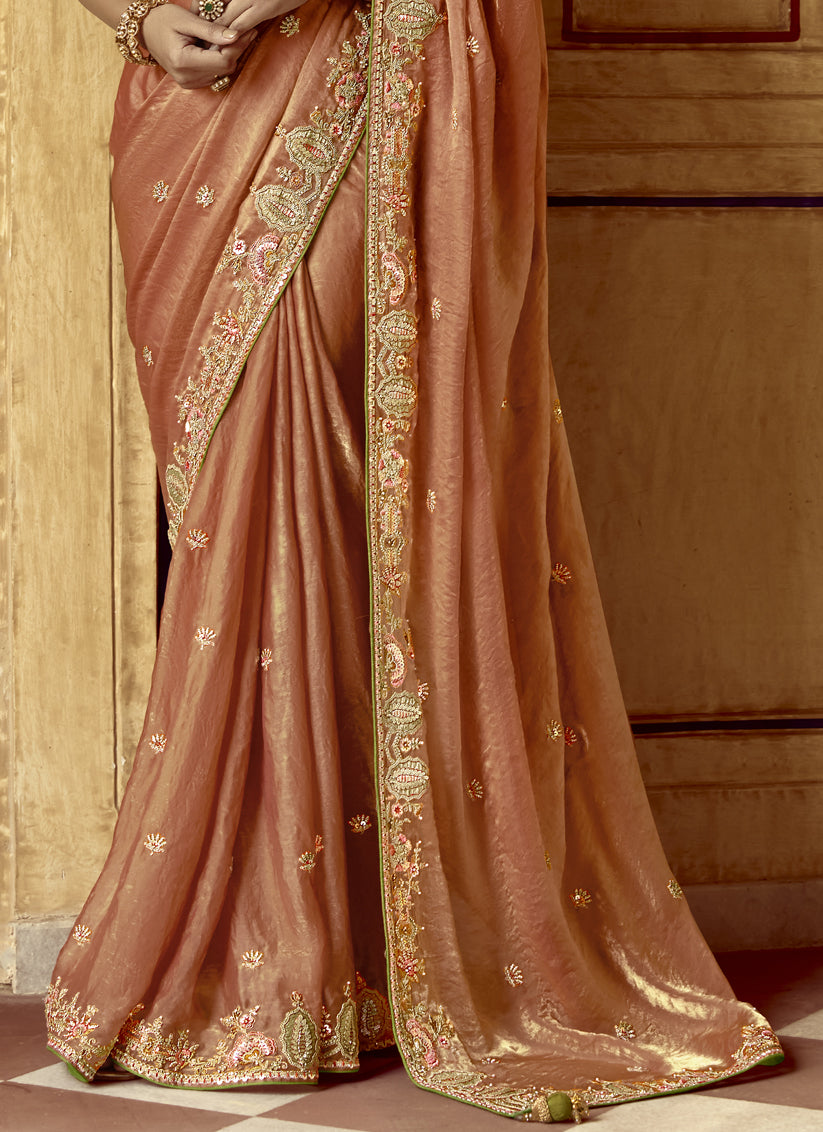 Salmon Orange Embroidered Designer Wedding Saree