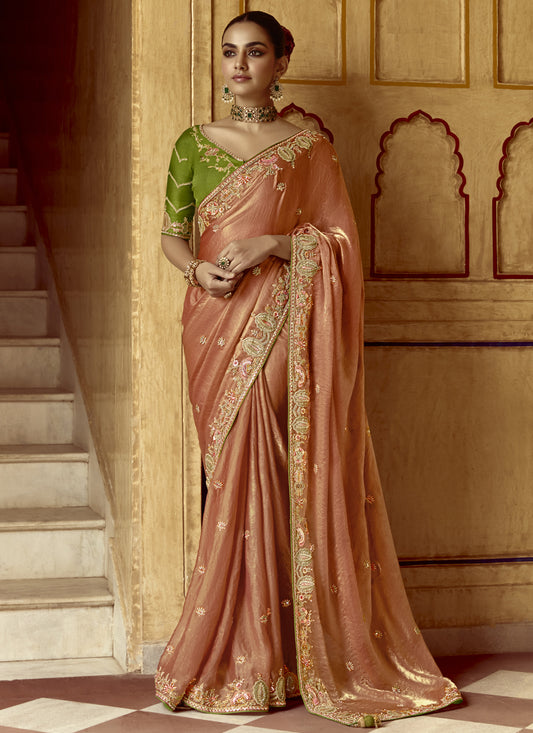 Salmon Orange Embroidered Designer Wedding Saree