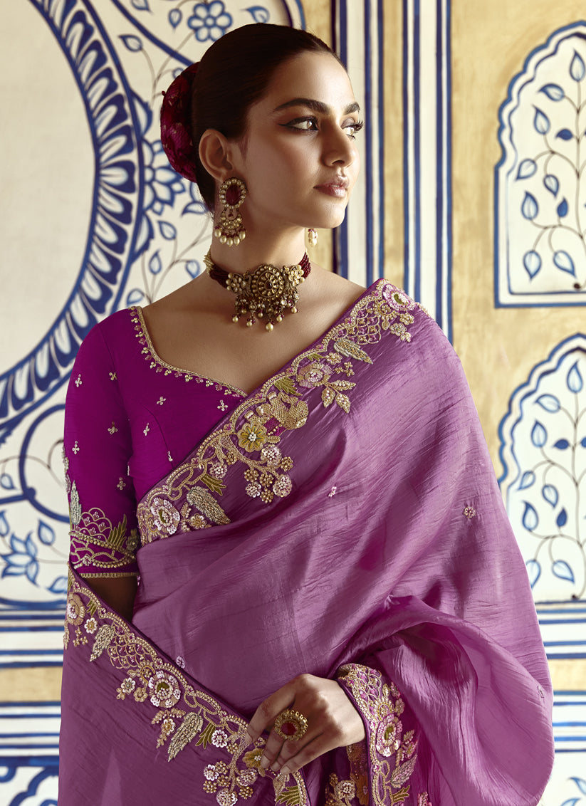 Onion Pink Embroidered Designer Wedding Saree