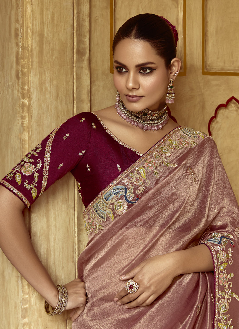 Rose Taupe Embroidered Designer Wedding Saree
