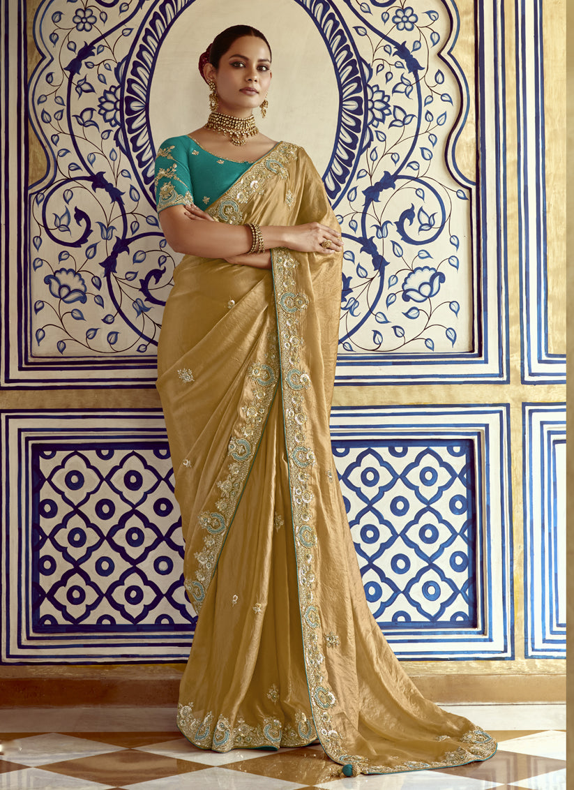 Fawn Embroidered Designer Wedding Saree