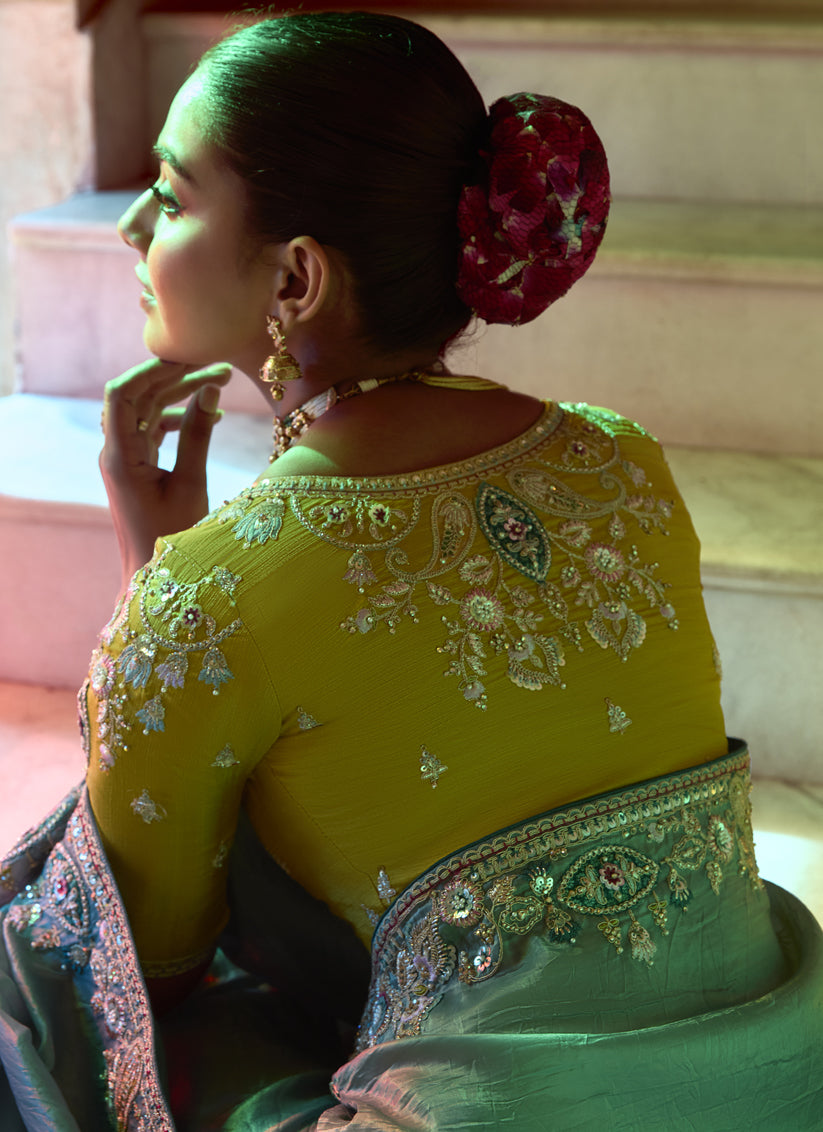 Teal Grey Embroidered Designer Wedding Saree