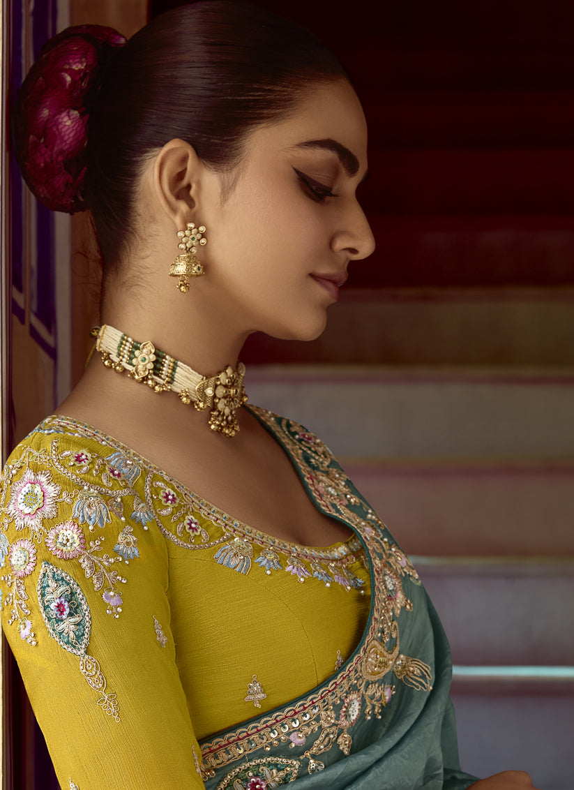 Teal Grey Embroidered Designer Wedding Saree