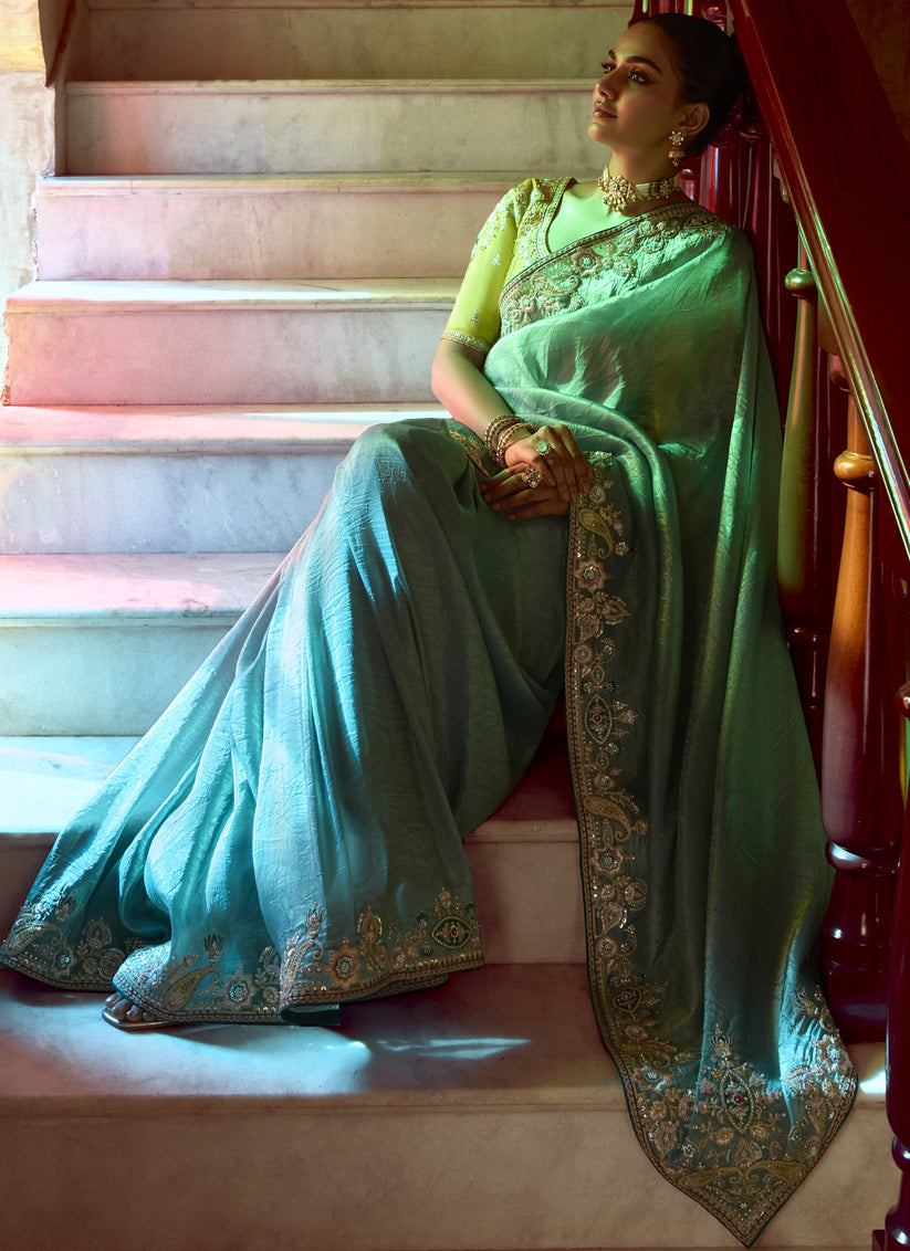 Teal Grey Embroidered Designer Wedding Saree