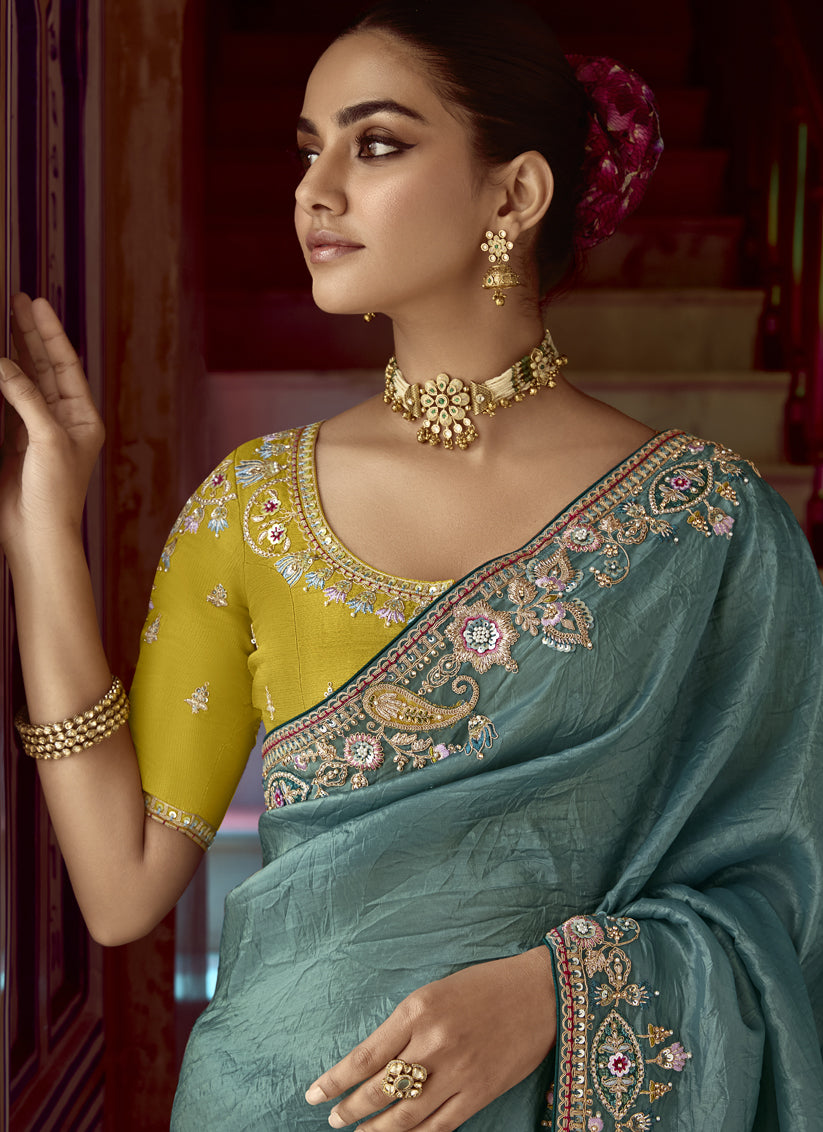 Teal Grey Embroidered Designer Wedding Saree