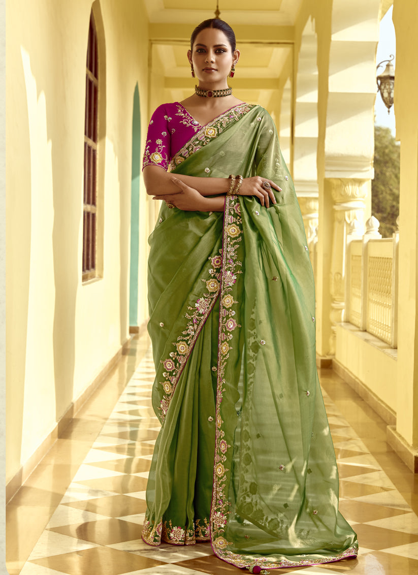 Fern Green Embroidered Designer Wedding Saree
