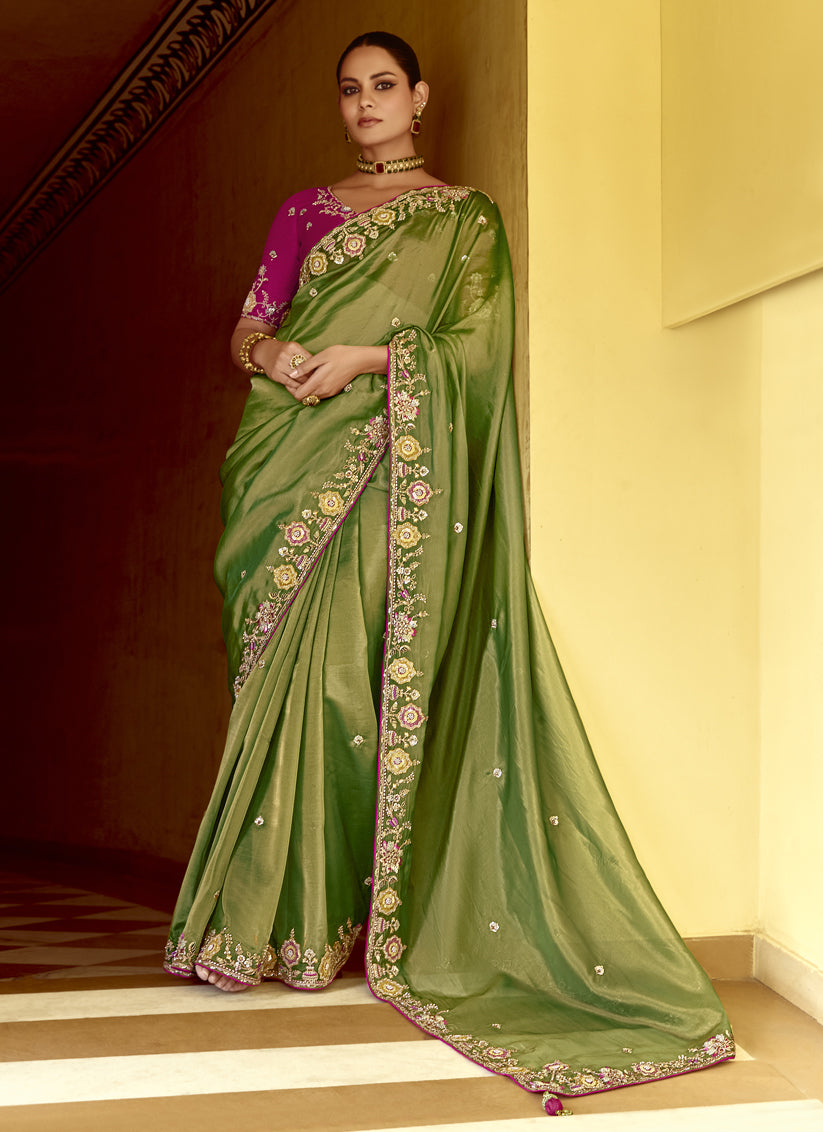 Fern Green Embroidered Designer Wedding Saree