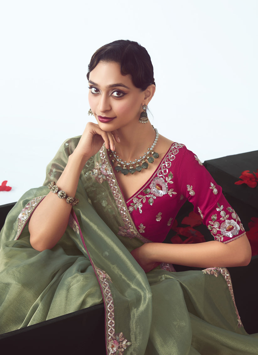 Sage Green Tissue Organza Embroidered Wedding Saree