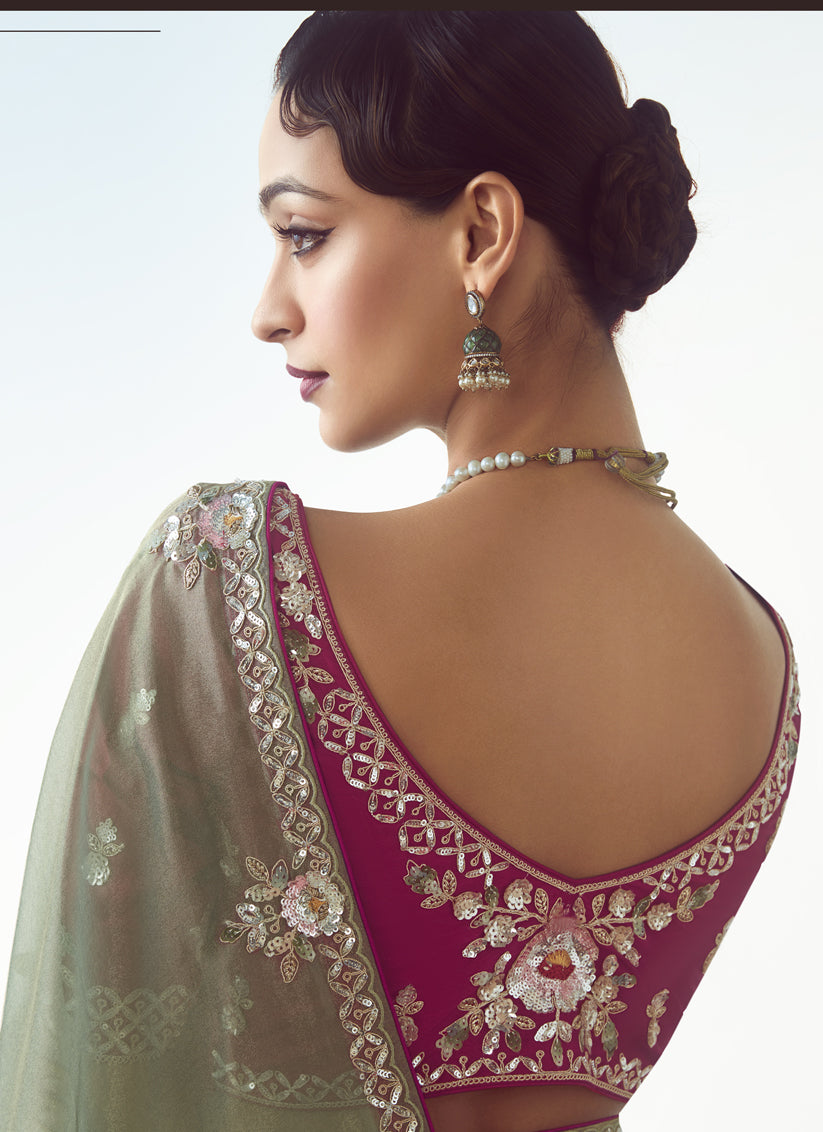 Sage Green Tissue Organza Embroidered Wedding Saree