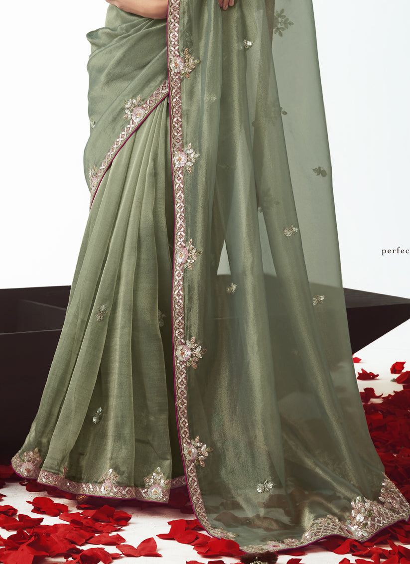Sage Green Tissue Organza Embroidered Wedding Saree