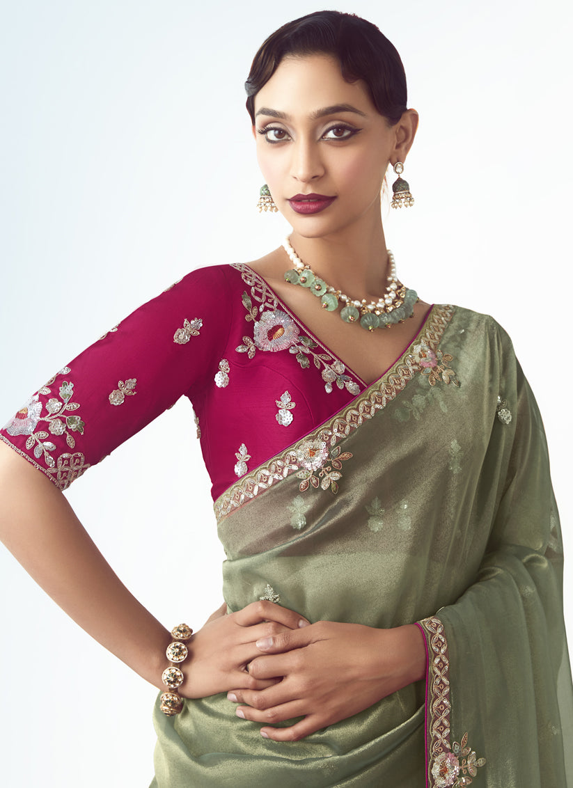 Sage Green Tissue Organza Embroidered Wedding Saree