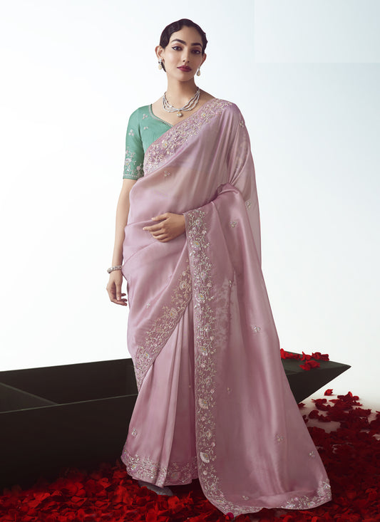 Rose Pink Tissue Organza Embroidered Wedding Saree