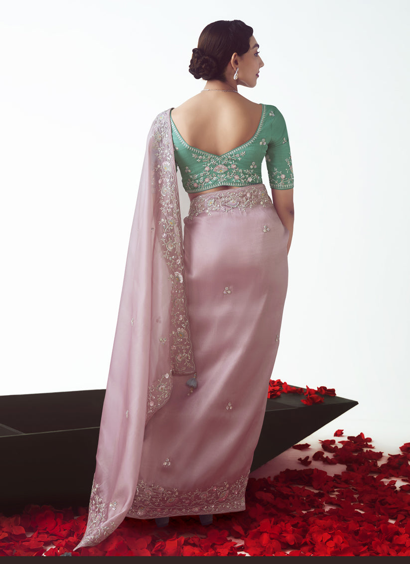 Rose Pink Tissue Organza Embroidered Wedding Saree