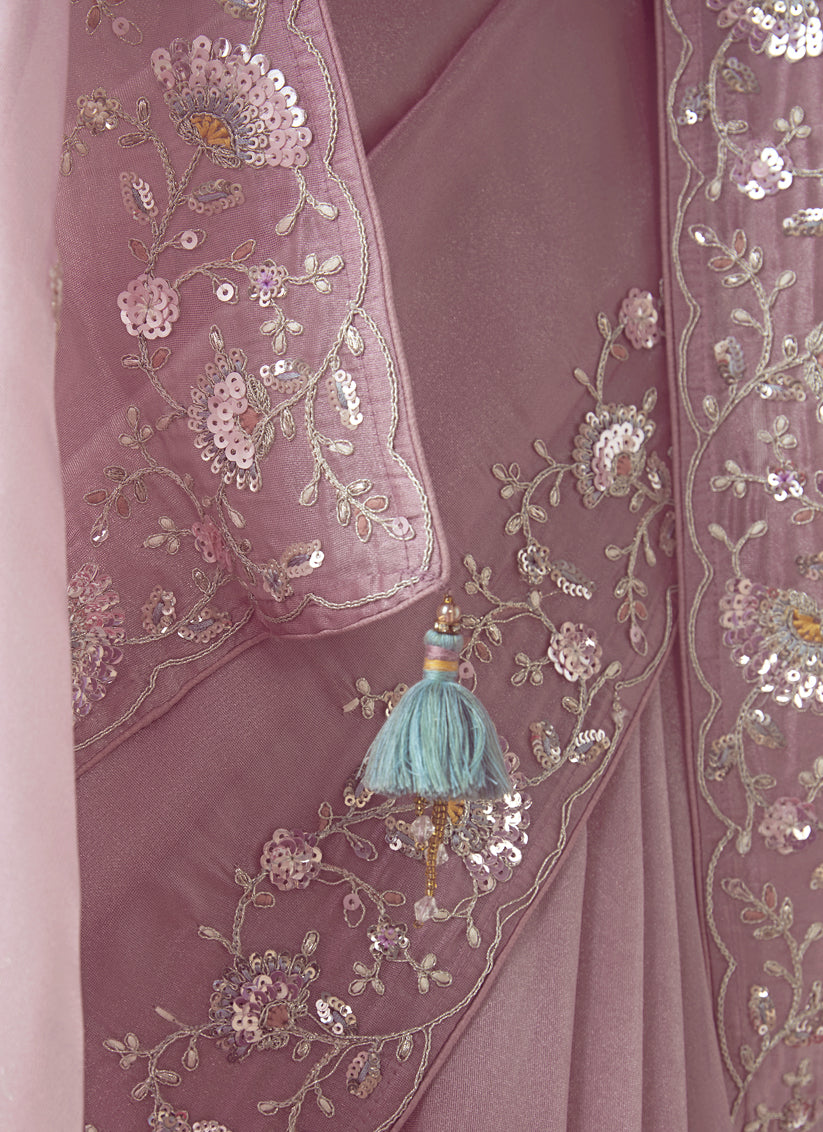 Rose Pink Tissue Organza Embroidered Wedding Saree