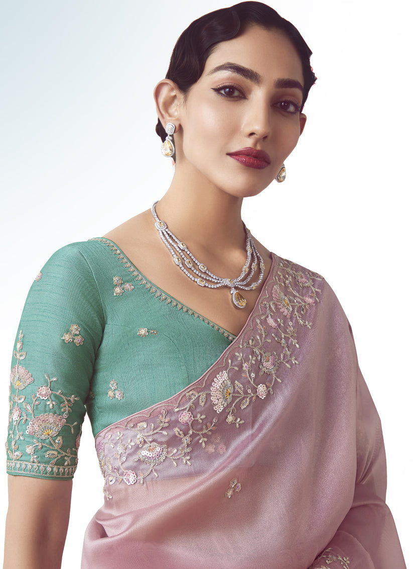 Rose Pink Tissue Organza Embroidered Wedding Saree